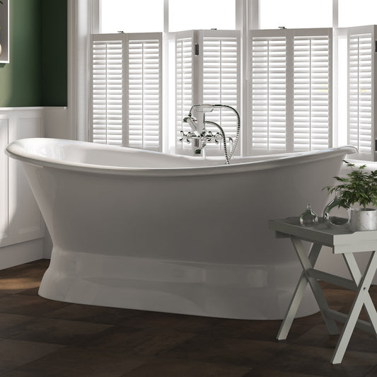 Cast Iron Double Ended Slipper Tub 71" X 30" with No Faucet Drillings and Complete Free Standing British Telephone Faucet and Hand Held Shower Polished Chrome Plumbing Package