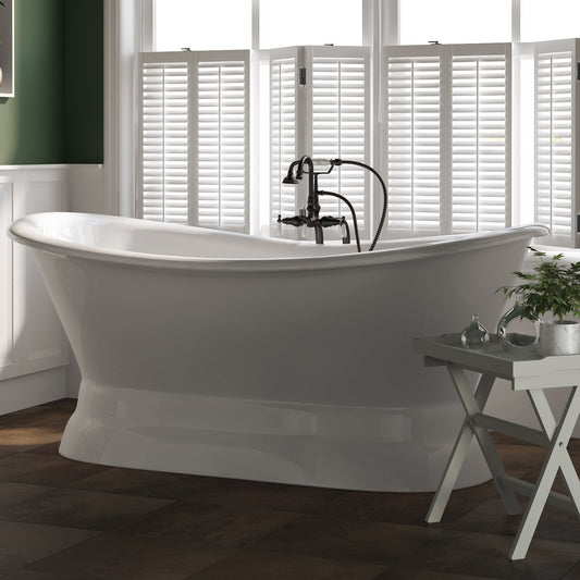 Cast Iron Double Ended Slipper Tub 71" X 30" with no Faucet Drillings and Complete Oil Rubbed Bronze Free Standing English Telephone Style Faucet with Hand Held Shower Assembly Plumbing Package