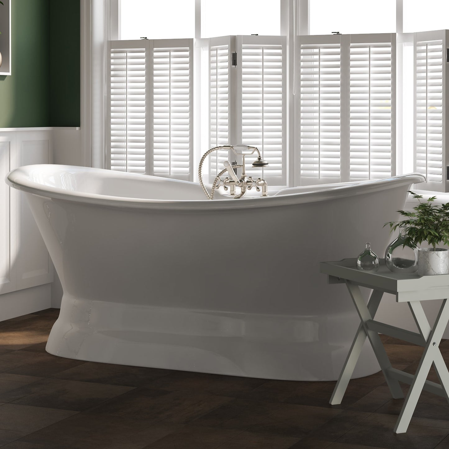 Cast Iron Double Ended Slipper Tub 71" X 30" with 7" Deck Mount Faucet Drillings and Complete Brushed Nickel Plumbing Package