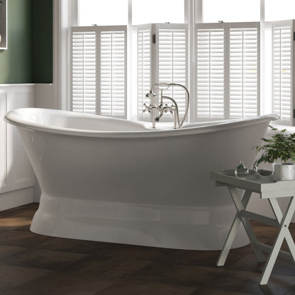 Cast Iron Double Ended Slipper Tub 71" X 30" with 7" Deck Mount Faucet Drillings and British Telephone Style Faucet Complete Brushed Nickel Plumbing Package With Six Inch Deck Mount Risers