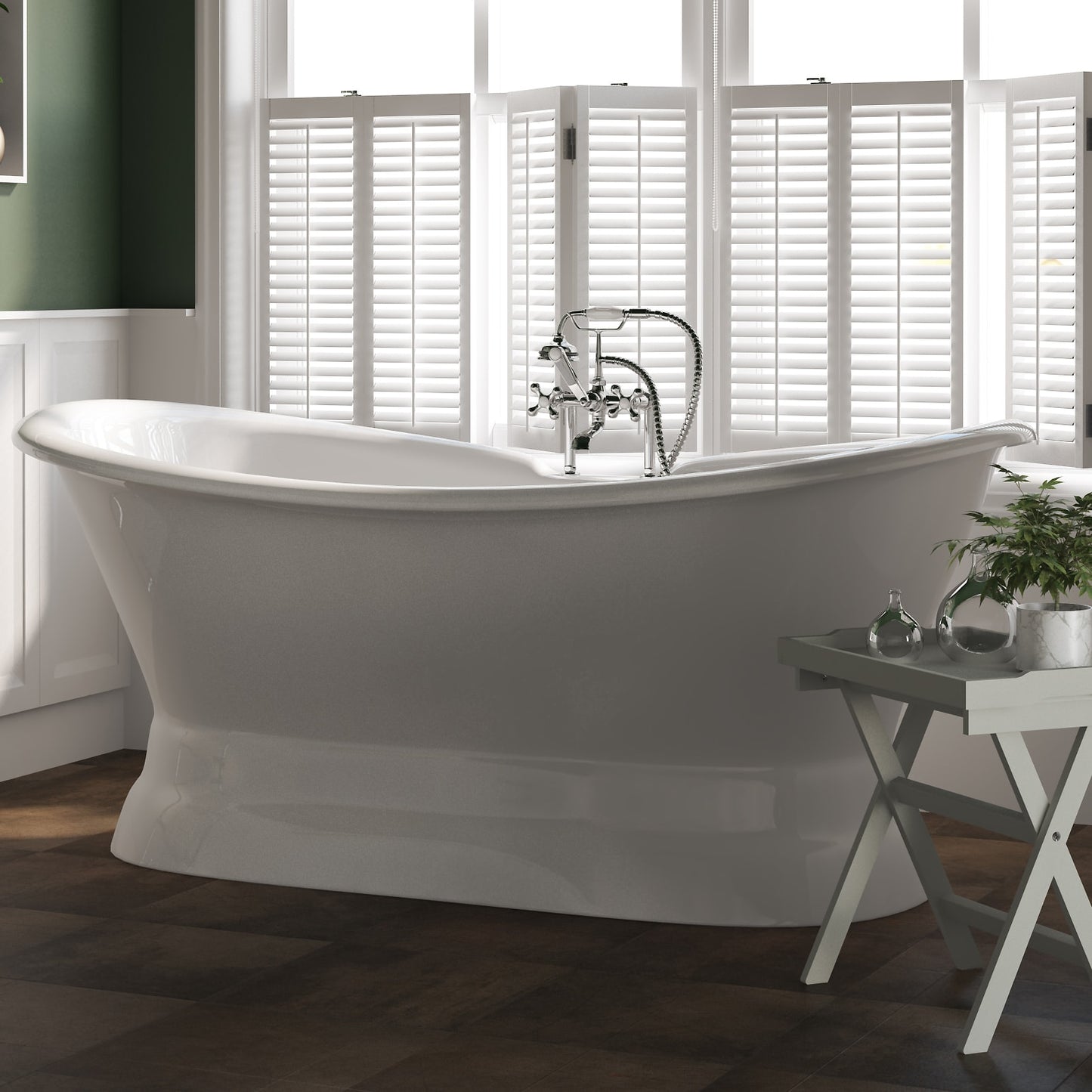 Cast Iron Double Ended Slipper Tub 71" X 30" with 7" Deck Mount Faucet Drillings and British Telephone Style Faucet Complete Polished Chrome Plumbing Package With Six Inch Deck Mount Risers