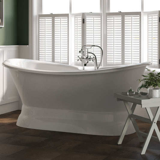 Cast Iron Double Ended Slipper Tub 71" X 30" with 7" Deck Mount Faucet Drillings and British Telephone Style Faucet Complete Polished Chrome Plumbing Package With Six Inch Deck Mount Risers