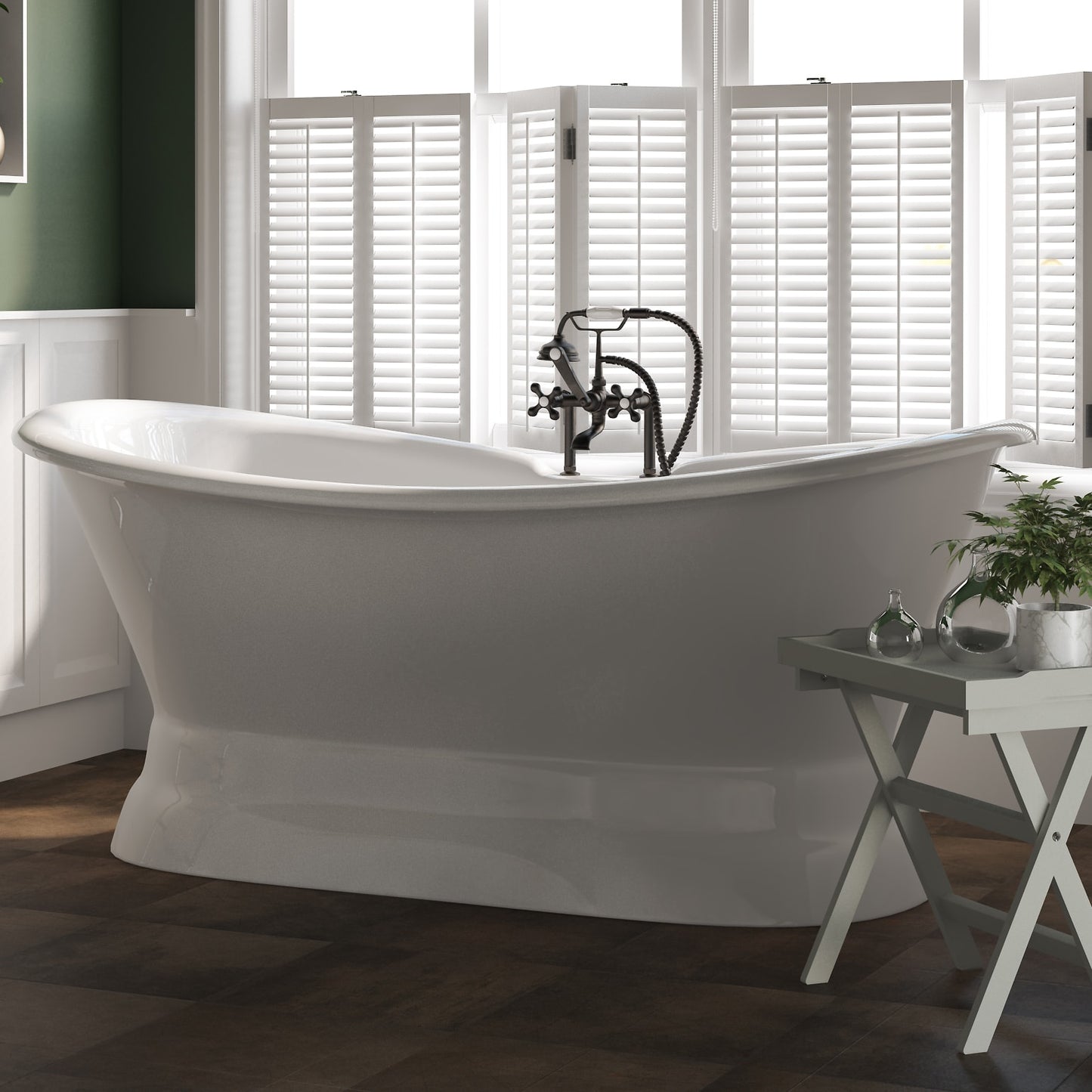 Cast Iron Double Ended Slipper Tub 71" X 30" with 7" Deck Mount Faucet Drillings and British Telephone Style Faucet Complete Oil Rubbed Bronze Plumbing Package With Six Inch Deck Mount Risers