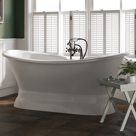 Cast Iron Double Ended Slipper Tub 71" X 30" with 7" Deck Mount Faucet Drillings and British Telephone Style Faucet Complete Oil Rubbed Bronze Plumbing Package With Six Inch Deck Mount Risers