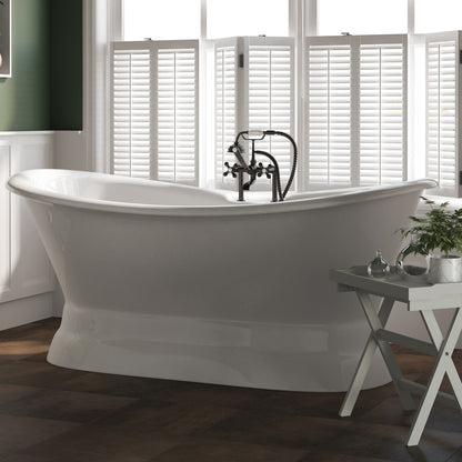 Cast Iron Double Ended Slipper Tub 71" X 30" with 7" Deck Mount Faucet Drillings and English Telephone Style Faucet Complete Brushed Nickel Plumbing Package