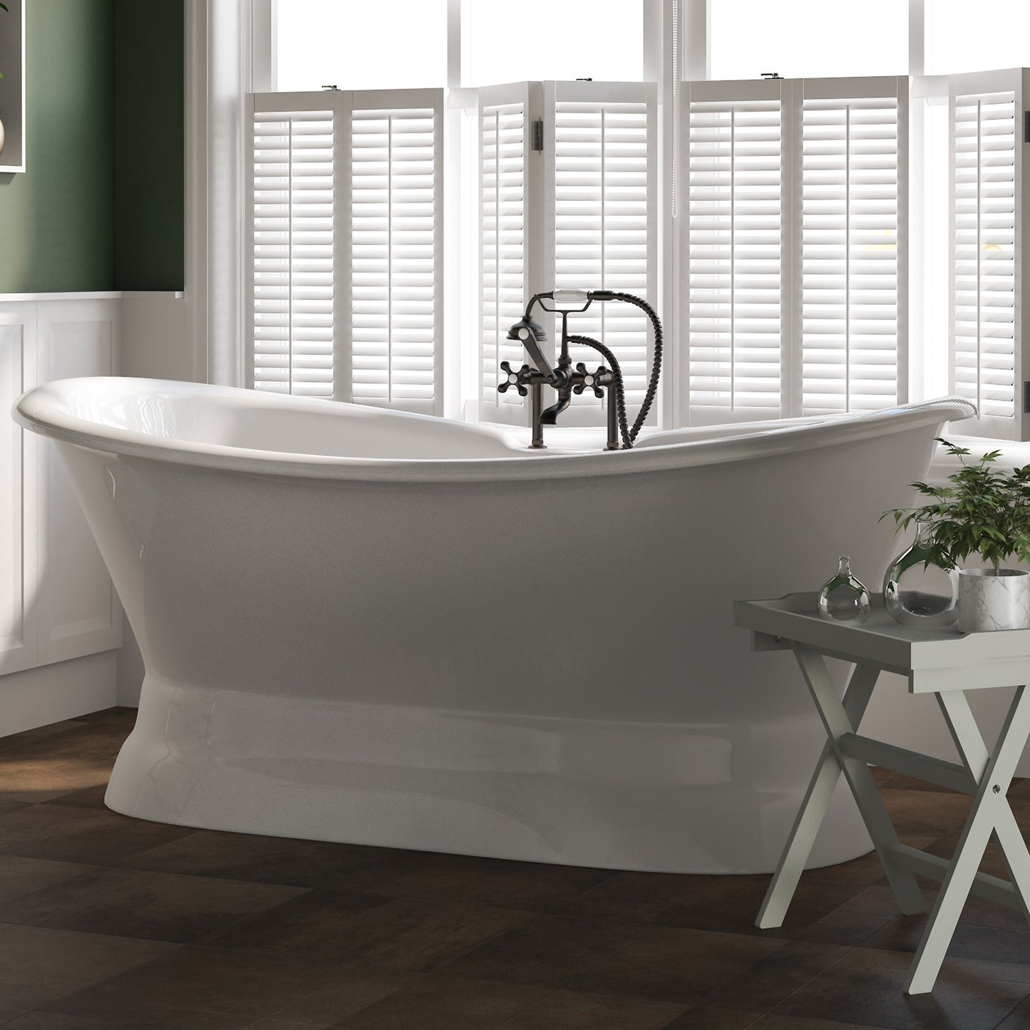 Cast Iron Double Ended Slipper Tub 71" X 30" with 7" Deck Mount Faucet Drillings and British Telephone Style Faucet Complete Polished Chrome Plumbing Package With Six Inch Deck Mount Risers