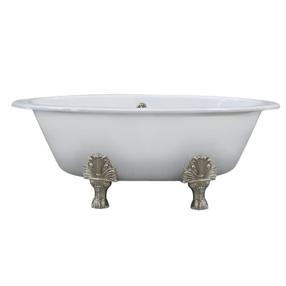 Extra Wide Cast Iron Clawfoot Tub, 65.5 x 35.5 No Faucet Holes and Brushed Nickel Feet