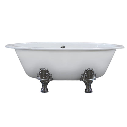 Extra Wide Cast Iron Clawfoot Tub, 65.5 x 35.5 No Faucet Holes and Polished Chrome Feet