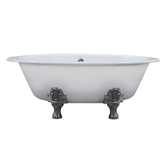 Extra Wide Cast Iron Clawfoot Tub, 65.5 x 35.5 No Faucet Holes and Polished Chrome Feet