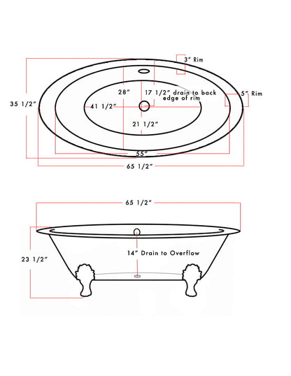 Extra Wide Cast Iron Clawfoot Tub, 65.5 x 35.5 No Faucet Holes and Brushed Nickel Feet