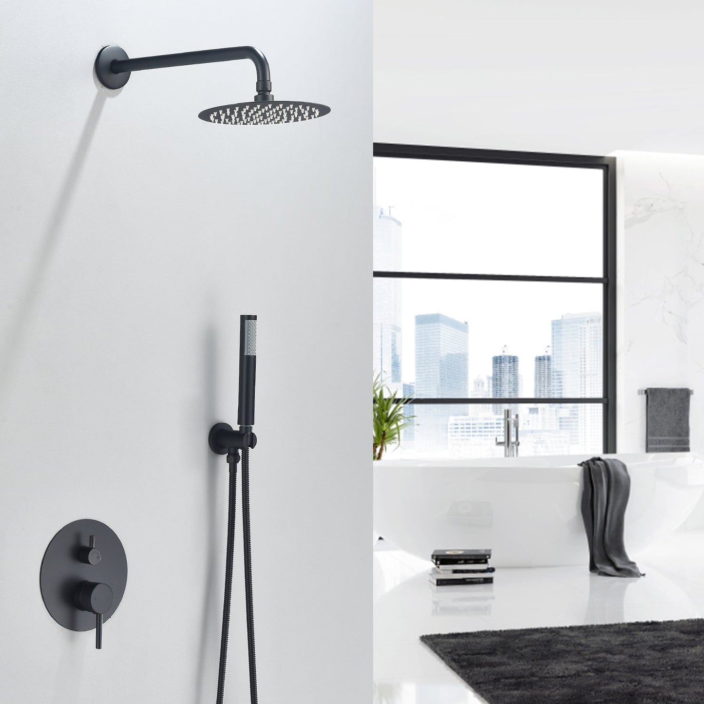 Herne Complete Shower System in Matte Black with Rough-In Valve with 8" Round Rain Shower Head