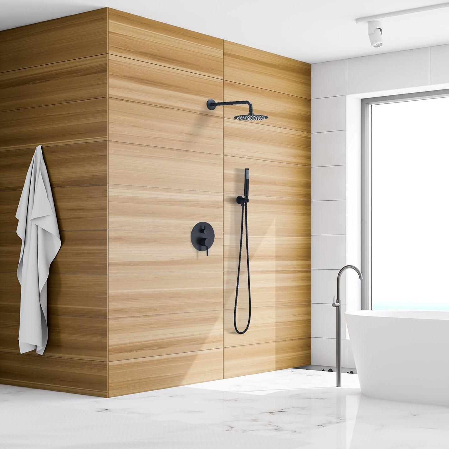 Herne Complete Shower System in Matte Black with Rough-In Valve with 8" Round Rain Shower Head