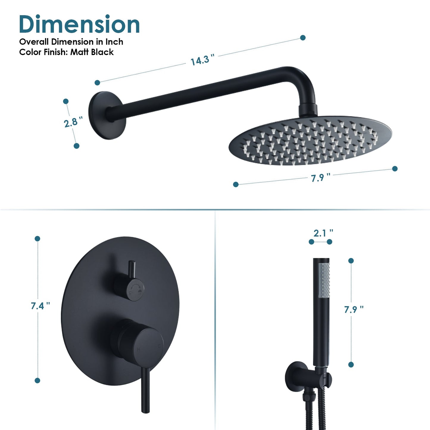 Herne Complete Shower System in Matte Black with Rough-In Valve with 8" Round Rain Shower Head