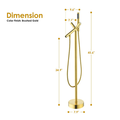 Brulon Double Knob Handle Freestanding Floor Mounted Tub Filler with Handshower in Brushed Gold