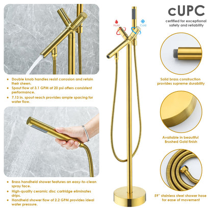 Brulon Double Knob Handle Freestanding Floor Mounted Tub Filler with Handshower in Brushed Gold