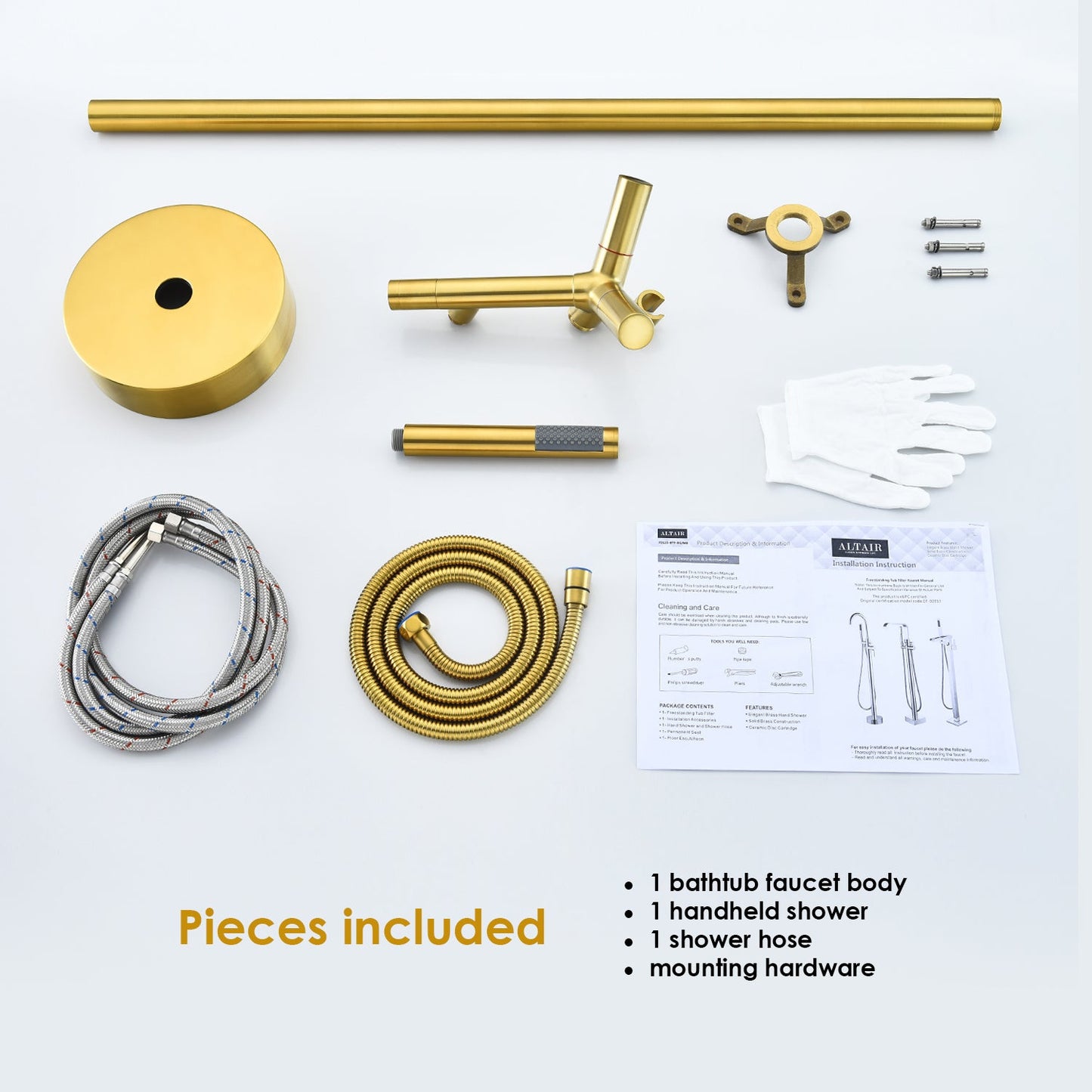 Brulon Double Knob Handle Freestanding Floor Mounted Tub Filler with Handshower in Brushed Gold
