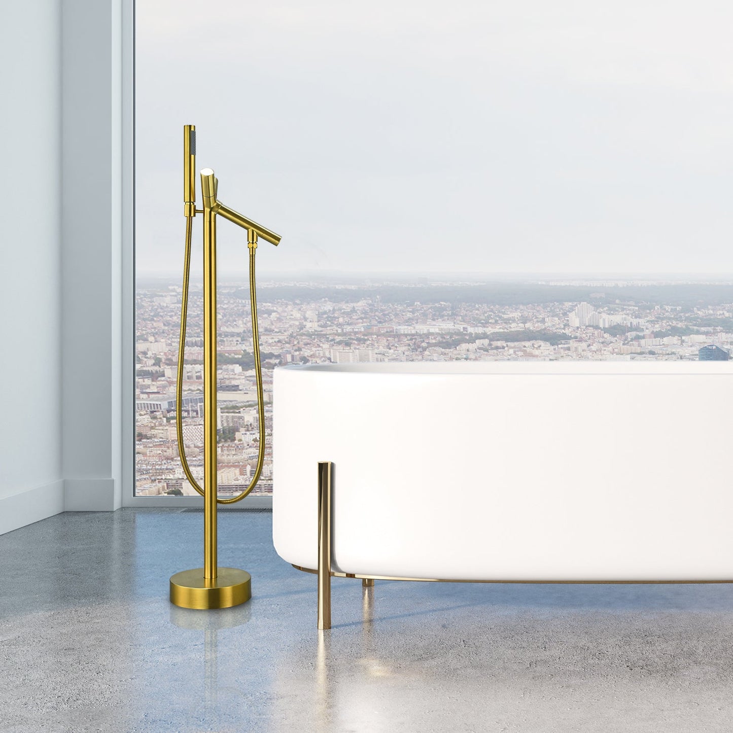 Brulon Double Knob Handle Freestanding Floor Mounted Tub Filler with Handshower in Brushed Gold