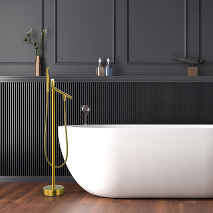 Brulon Double Knob Handle Freestanding Floor Mounted Tub Filler with Handshower in Brushed Gold