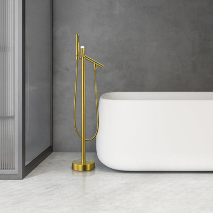 Brulon Double Knob Handle Freestanding Floor Mounted Tub Filler with Handshower in Brushed Gold
