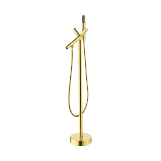 Brulon Double Knob Handle Freestanding Floor Mounted Tub Filler with Handshower in Brushed Gold