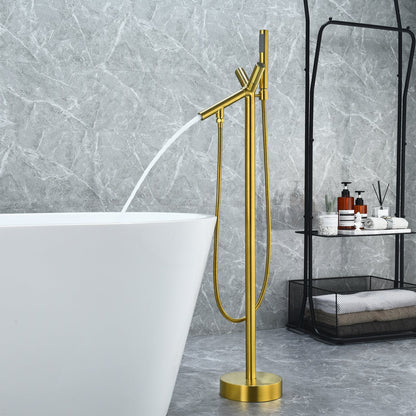 Brulon Double Knob Handle Freestanding Floor Mounted Tub Filler with Handshower in Brushed Gold