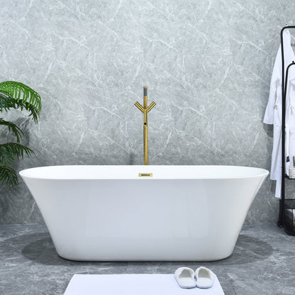 Brulon Double Knob Handle Freestanding Floor Mounted Tub Filler with Handshower in Brushed Gold