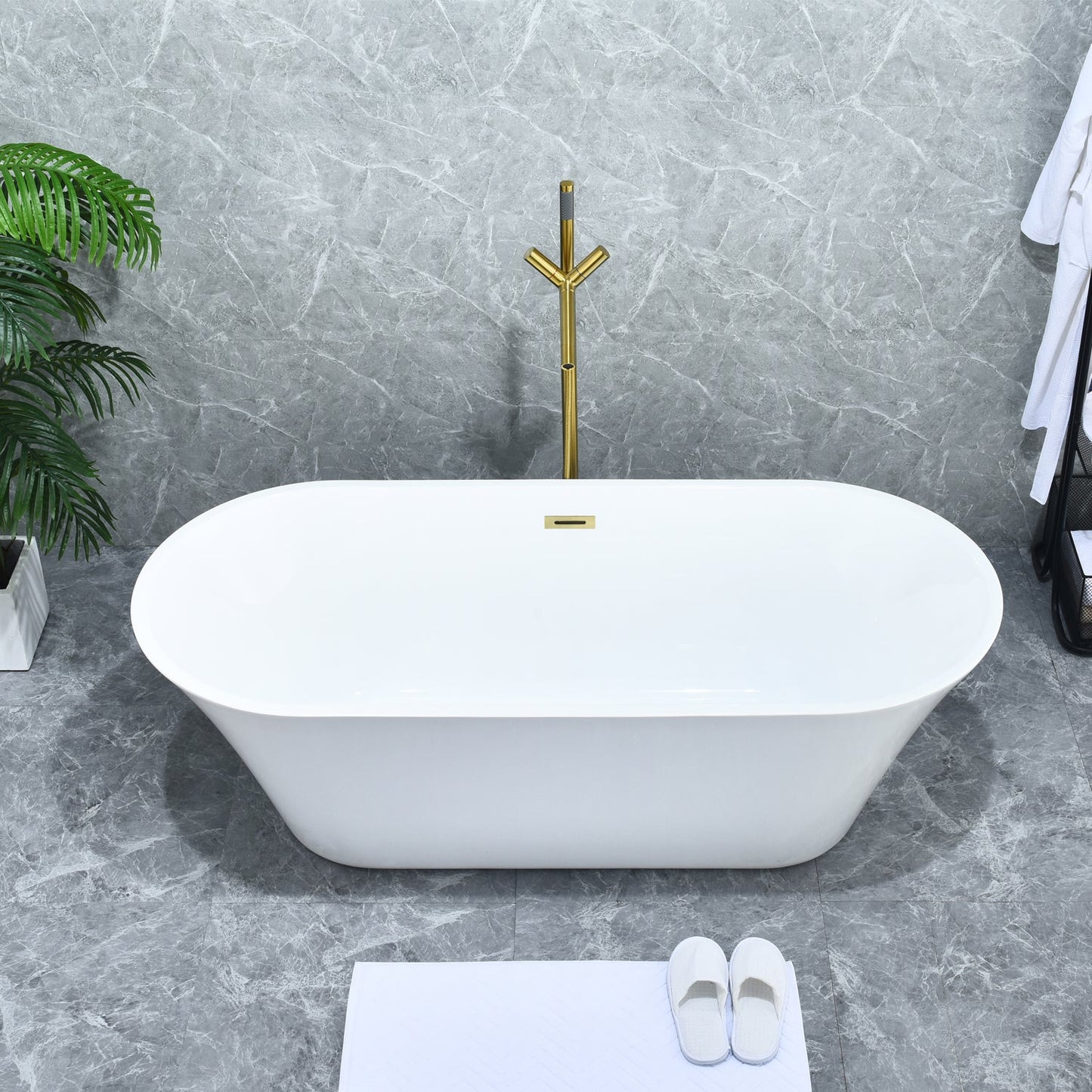 Brulon Double Knob Handle Freestanding Floor Mounted Tub Filler with Handshower in Brushed Gold