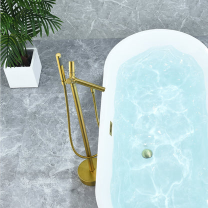 Brulon Double Knob Handle Freestanding Floor Mounted Tub Filler with Handshower in Brushed Gold