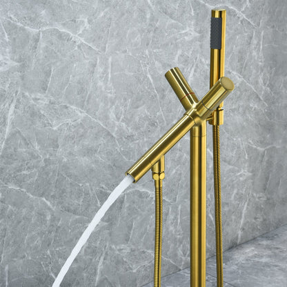 Brulon Double Knob Handle Freestanding Floor Mounted Tub Filler with Handshower in Brushed Gold