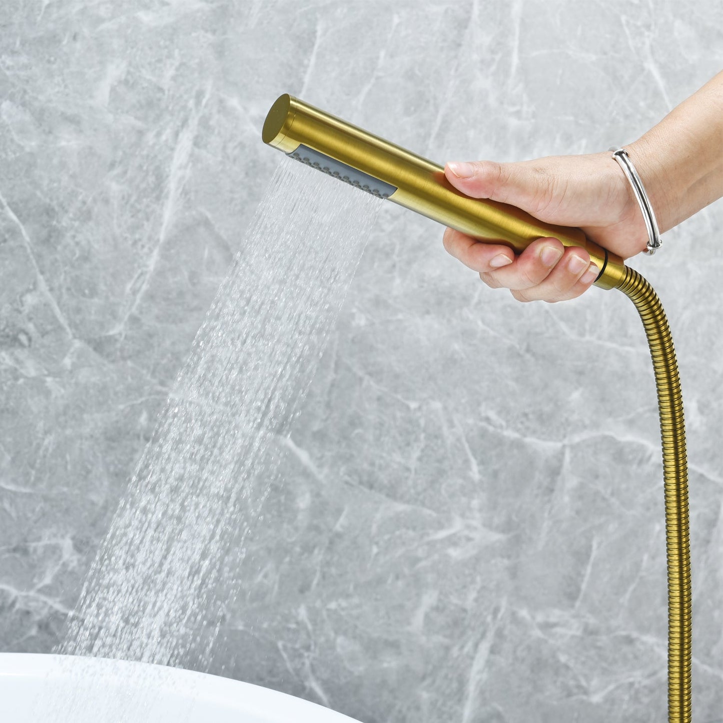 Brulon Double Knob Handle Freestanding Floor Mounted Tub Filler with Handshower in Brushed Gold