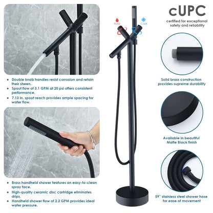 Brulon Double Knob Handle Freestanding Floor Mounted Tub Filler with Handshower in Matte Black