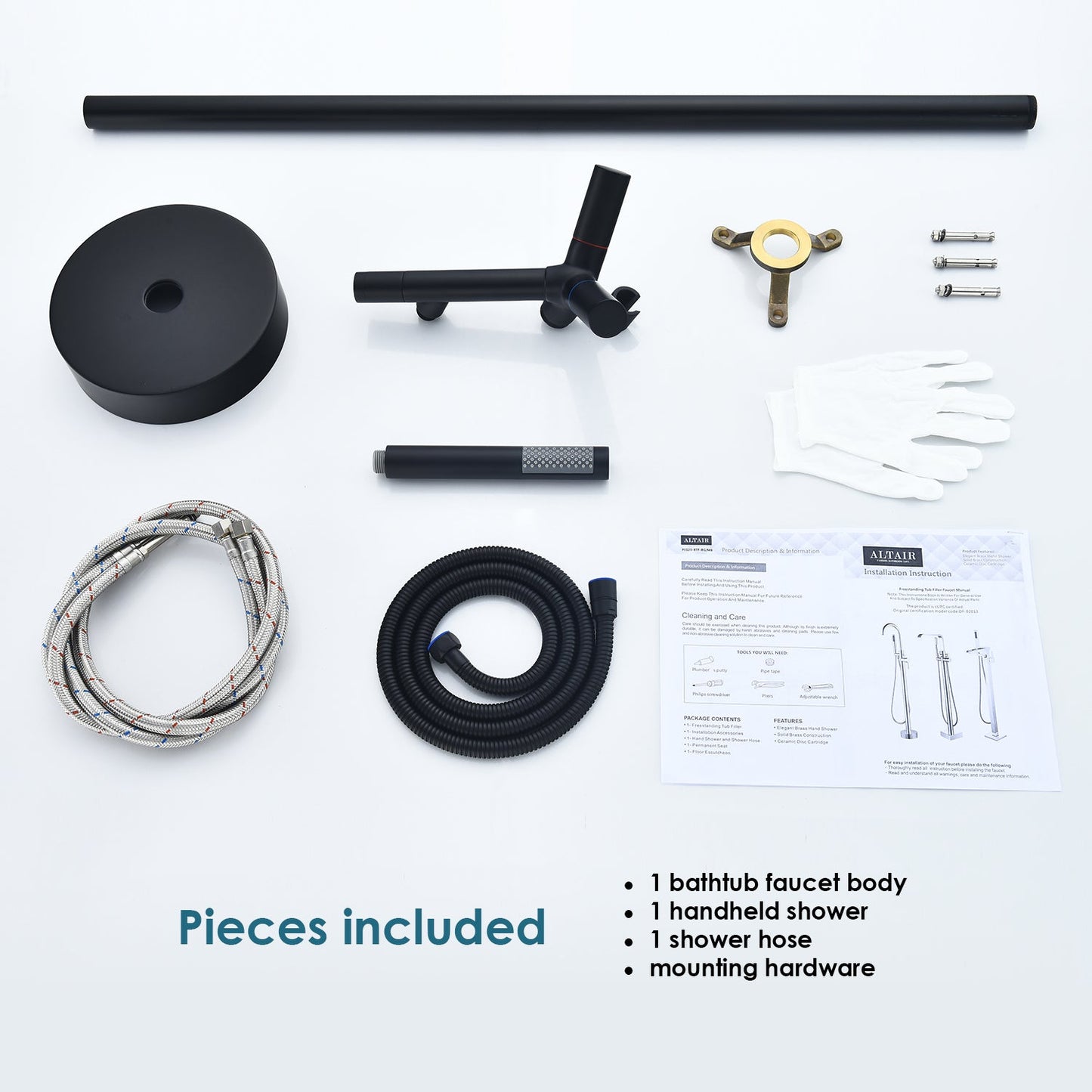 Brulon Double Knob Handle Freestanding Floor Mounted Tub Filler with Handshower in Matte Black