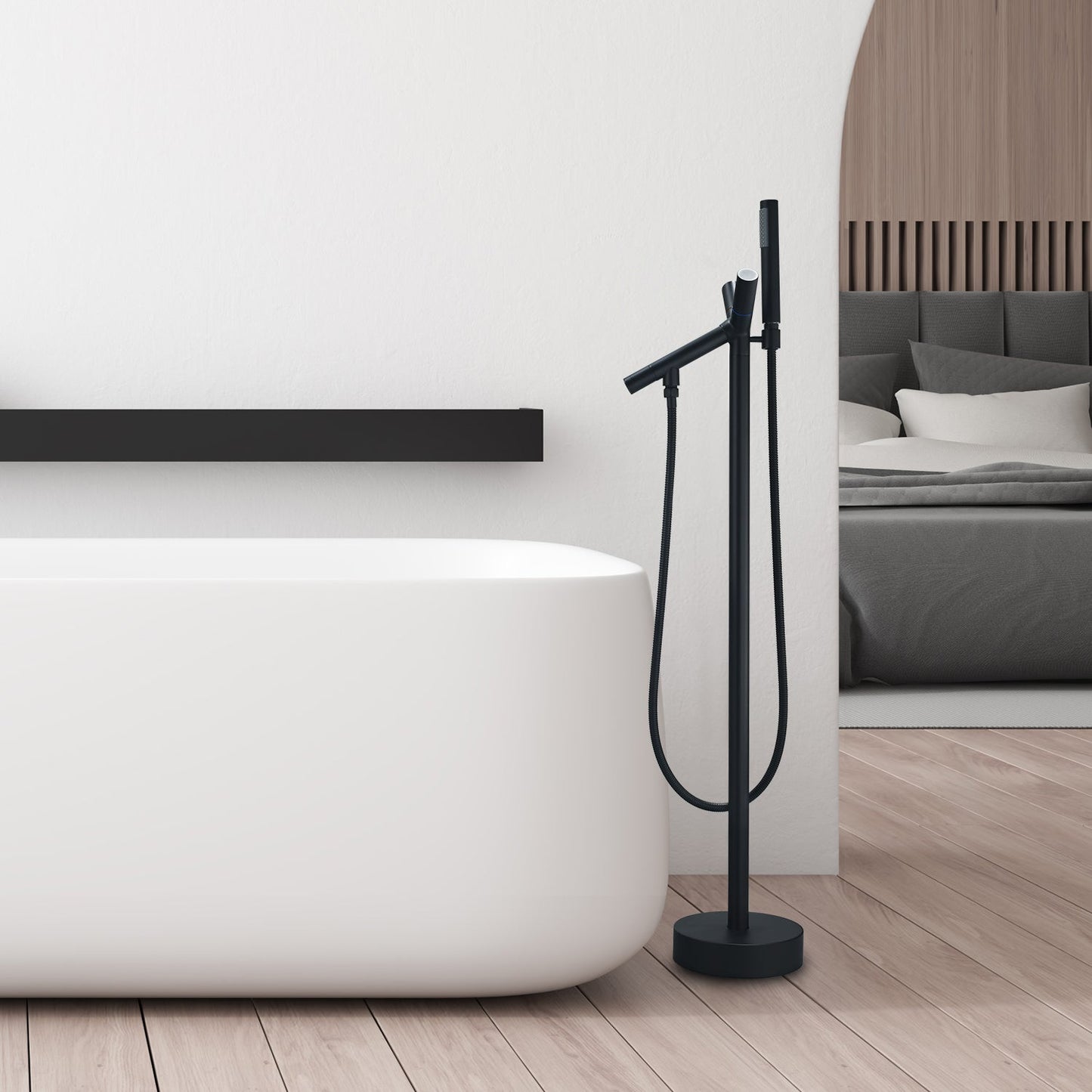 Brulon Double Knob Handle Freestanding Floor Mounted Tub Filler with Handshower in Matte Black