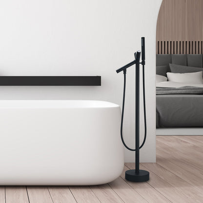 Brulon Double Knob Handle Freestanding Floor Mounted Tub Filler with Handshower in Matte Black