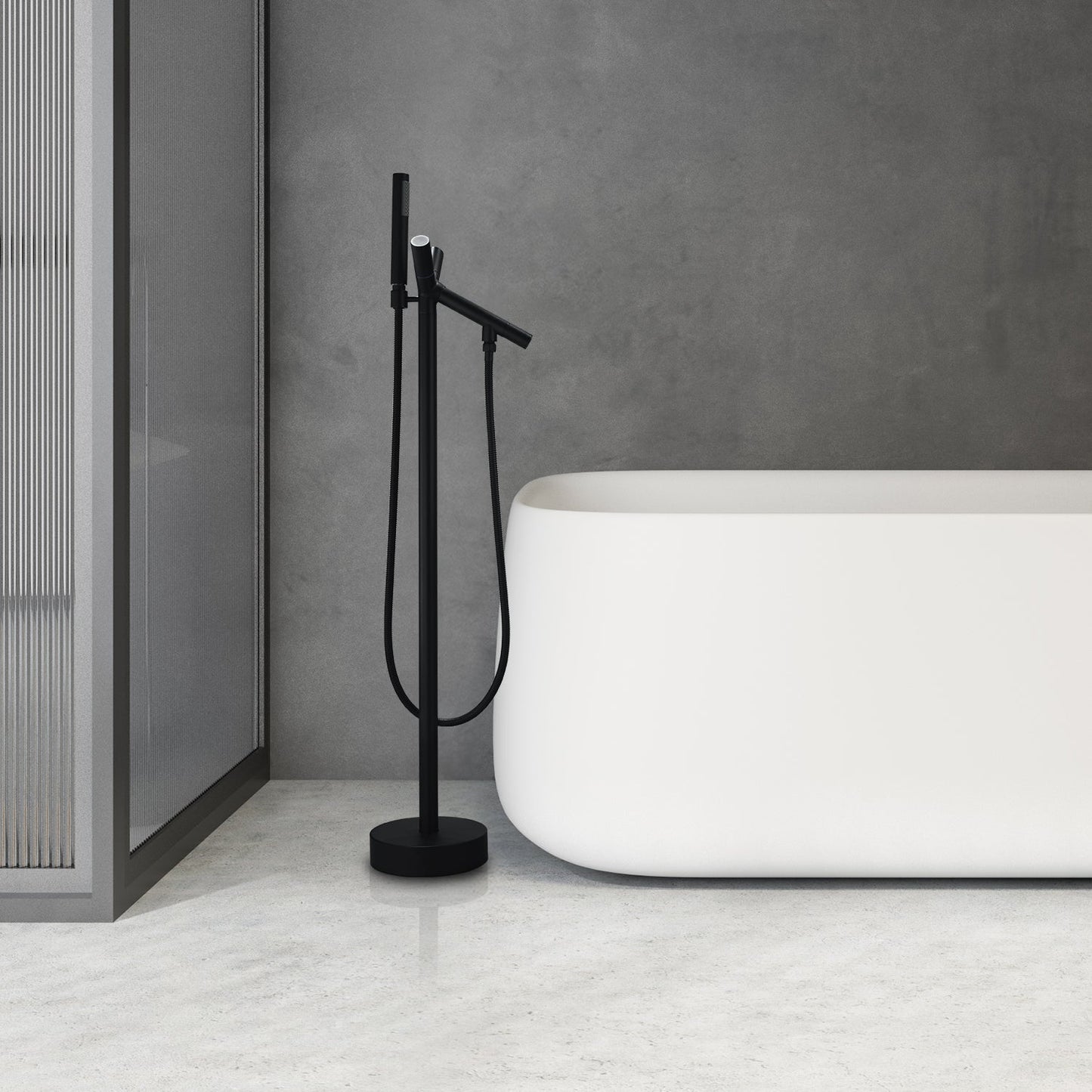 Brulon Double Knob Handle Freestanding Floor Mounted Tub Filler with Handshower in Matte Black