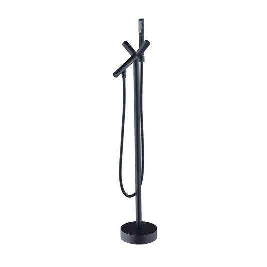 Brulon Double Knob Handle Freestanding Floor Mounted Tub Filler with Handshower in Matte Black