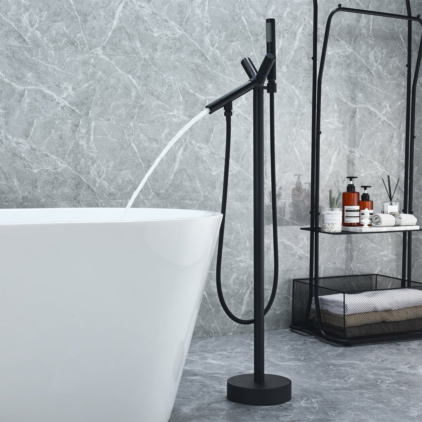 Brulon Double Knob Handle Freestanding Floor Mounted Tub Filler with Handshower in Matte Black