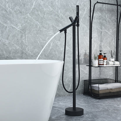 Brulon Double Knob Handle Freestanding Floor Mounted Tub Filler with Handshower in Matte Black