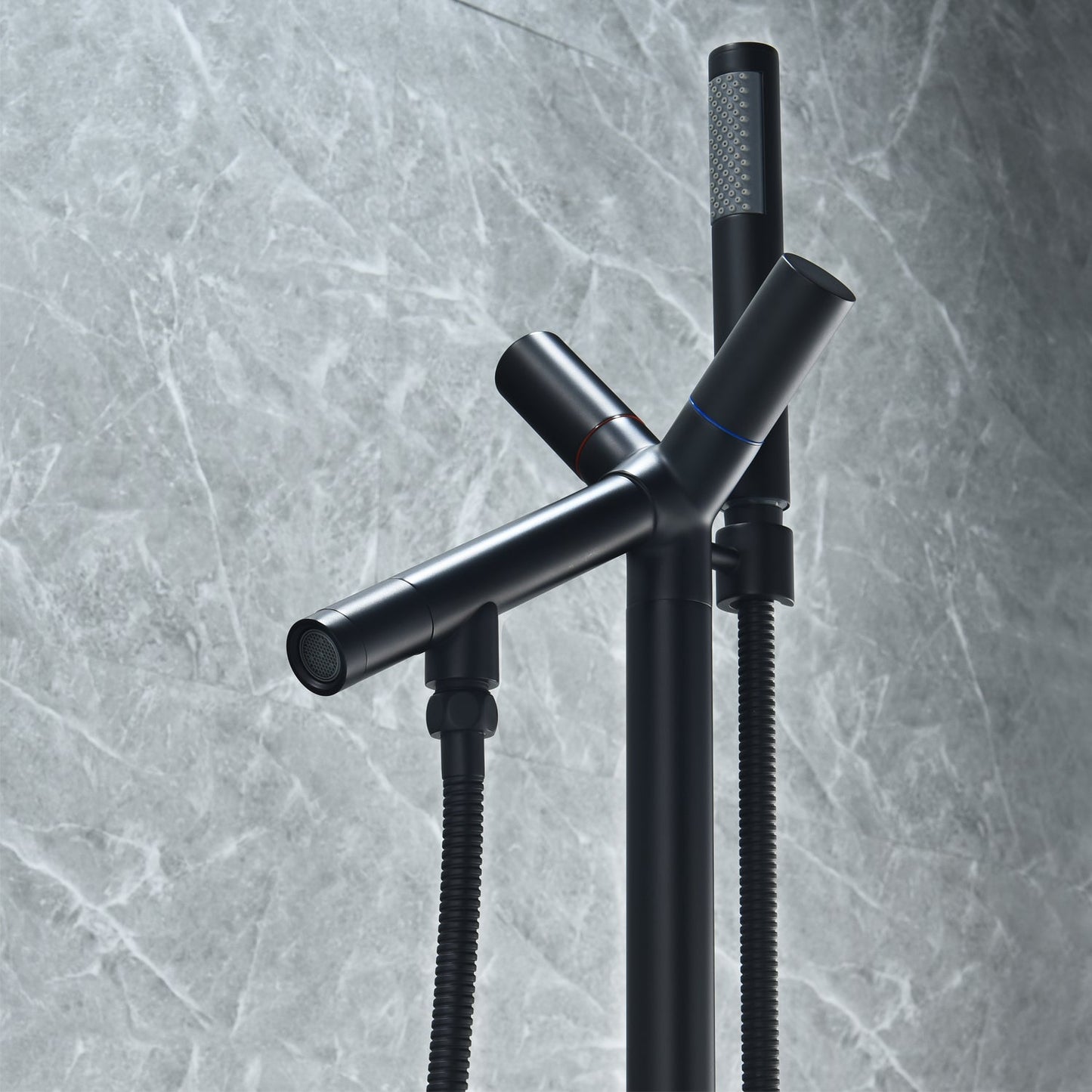 Brulon Double Knob Handle Freestanding Floor Mounted Tub Filler with Handshower in Matte Black