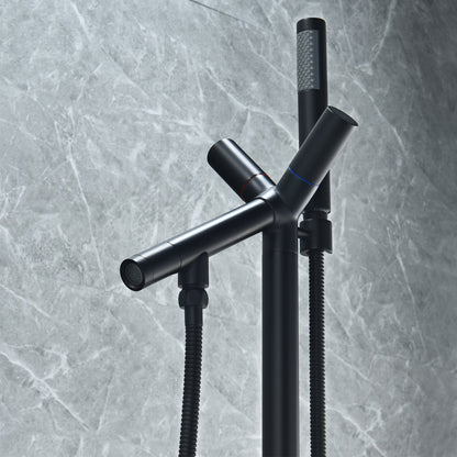 Brulon Double Knob Handle Freestanding Floor Mounted Tub Filler with Handshower in Matte Black
