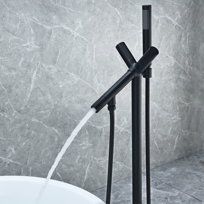 Brulon Double Knob Handle Freestanding Floor Mounted Tub Filler with Handshower in Matte Black