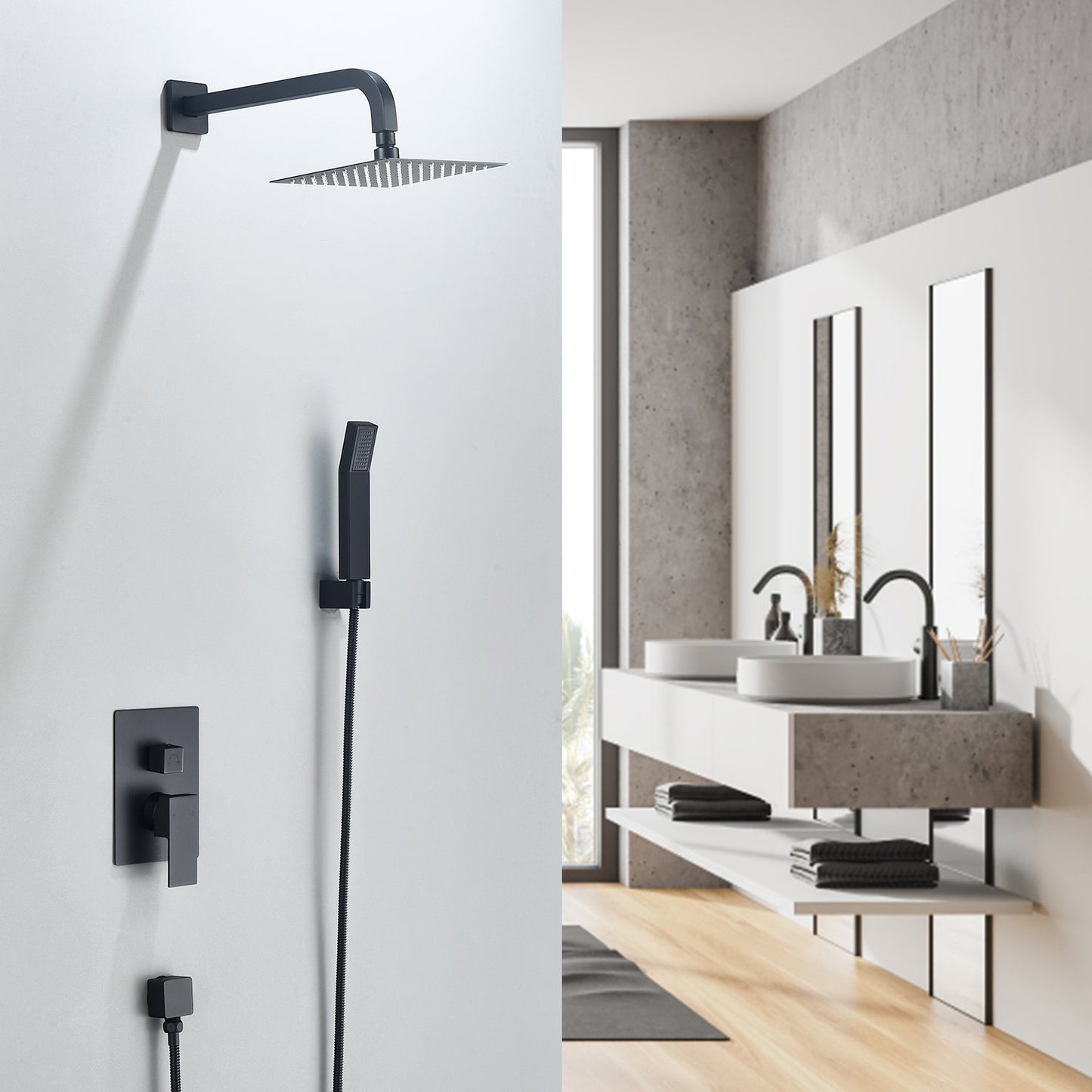 Raeren Complete Shower System in Matte Black with Rough-In Valve with 8" Square Rain Shower Head