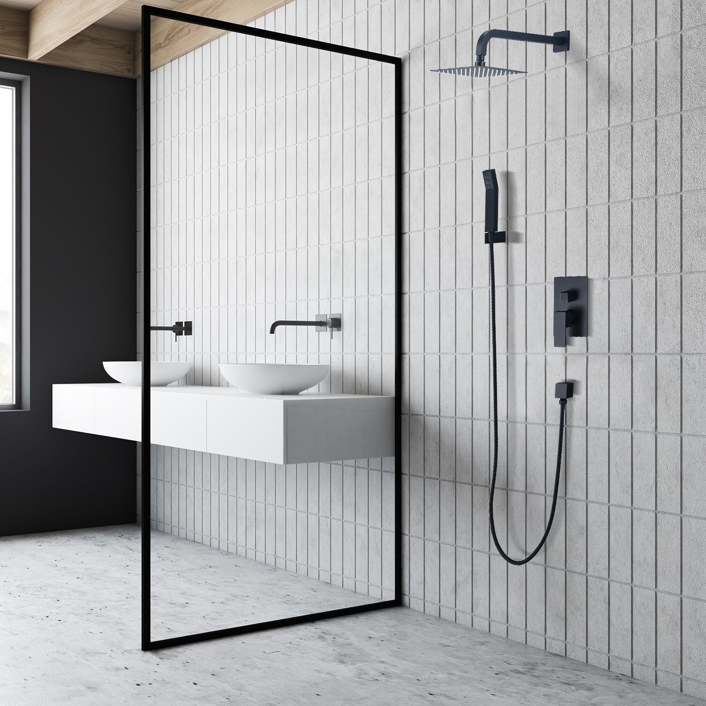 Raeren Complete Shower System in Matte Black with Rough-In Valve with 8" Square Rain Shower Head
