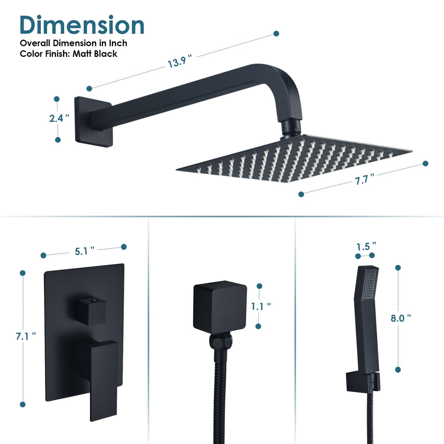 Raeren Complete Shower System in Matte Black with Rough-In Valve with 8" Square Rain Shower Head