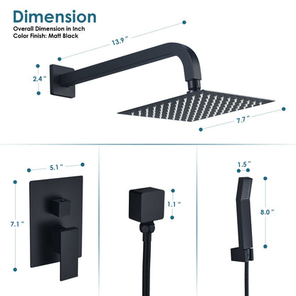 Raeren Complete Shower System in Matte Black with Rough-In Valve with 8" Square Rain Shower Head