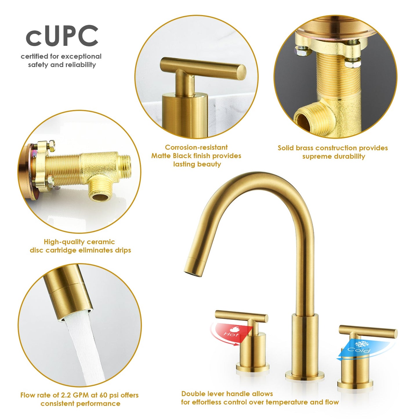 Balen 8" Widespread 2-Handle Bathroom High-Arc Faucet in Brushed Gold