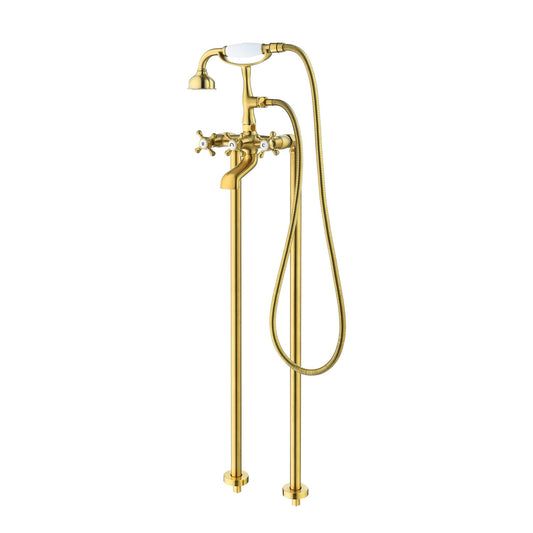 Forcé Vintage Style Cross Handle Claw Foot Floor Mounted Tub Filer with Handshower in Brushed Gold