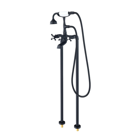 Forcé Vintage Style Cross Handle Claw Foot Floor Mounted Tub Filer with Handshower in Matte Black