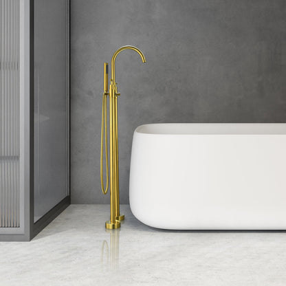 Gnosall Double Lever Handle Freestanding Floor Mounted Tub Filler with Handshower in Brushed Gold