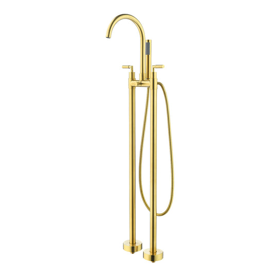 Gnosall Double Lever Handle Freestanding Floor Mounted Tub Filler with Handshower in Brushed Gold